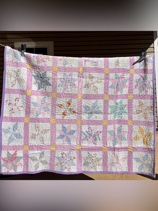 Handmade Other - Vintage Hand Quilted Pinwheel Patchwork Quilt 57.5" x 70" – Pastel Cottagecore